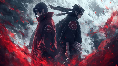 Dual anime warriors stand back to back amid crimson vortex
