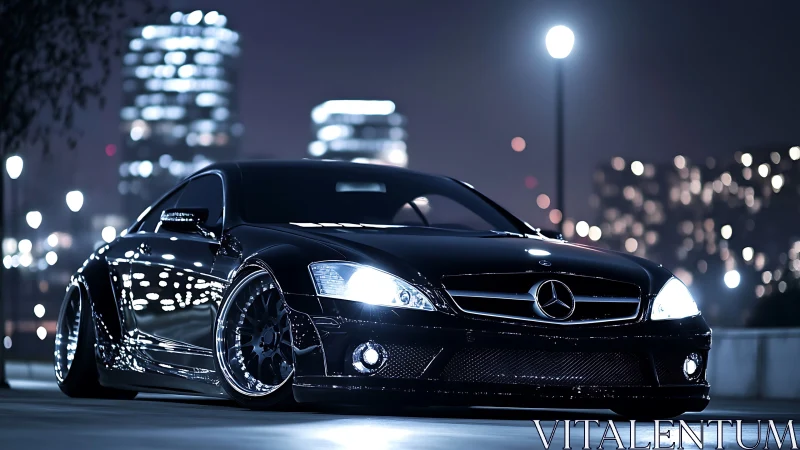 Low-angle night study of black Mercedes coupe under urban bokeh