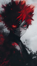 Red-eyed anime figure in dark abstract environment.