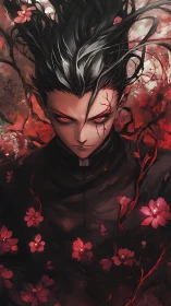 Crimson blossoms circle a dark sorcerer with burning eyes