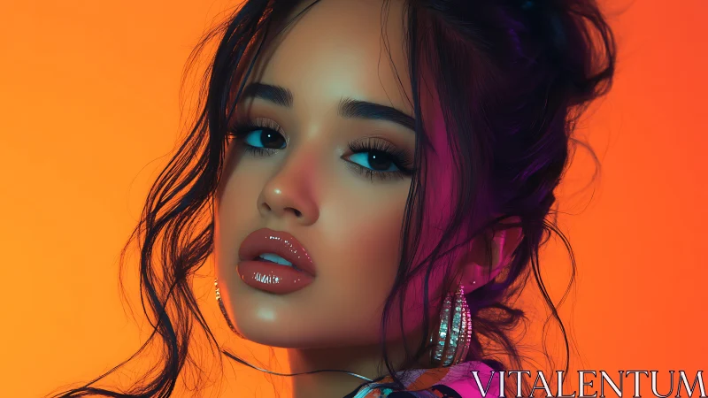 Glossy portrait of woman against vivid orange backdrop.