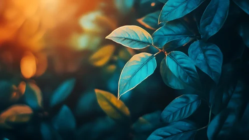 Twilight leaves catching liquid firelight in a dreamy hush.