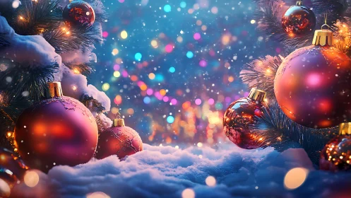 Snowy Christmas ornaments with glowing holiday lights.