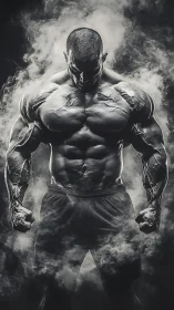 Smoky steel-strong bodybuilder framed in rising mist.