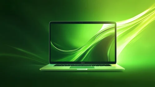 Glowing green laptop screen radiates dynamic energy lines.