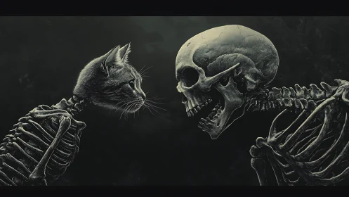 Digital painting of cat hybrid skeleton facing human skull profile.
