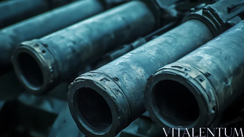 Close-up view of multiple heavy artillery barrels.