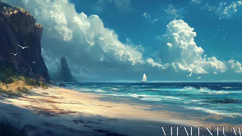 Wide coastal landscape renders dynamic surf, cliffs and cumulus