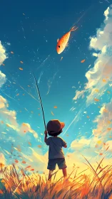 Golden fish drifts above a child casting dreams into sky