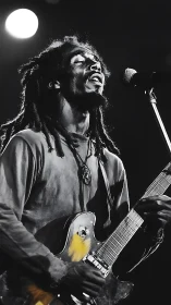 Moonlit dreadlocked guitarist pouring soul into the mic.