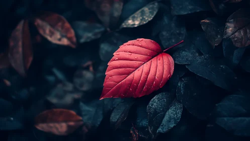 Solitary crimson leaf whispers loudly in a midnight garden