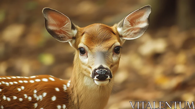 Young spotted fawn portrait with shallow forest bokeh.