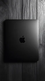 Closed black laptop on dark wooden plank surface.