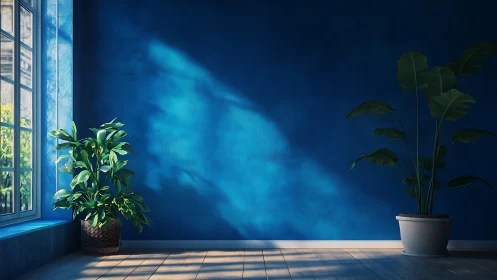 Directional daylight casts soft gradients across blue interior wall