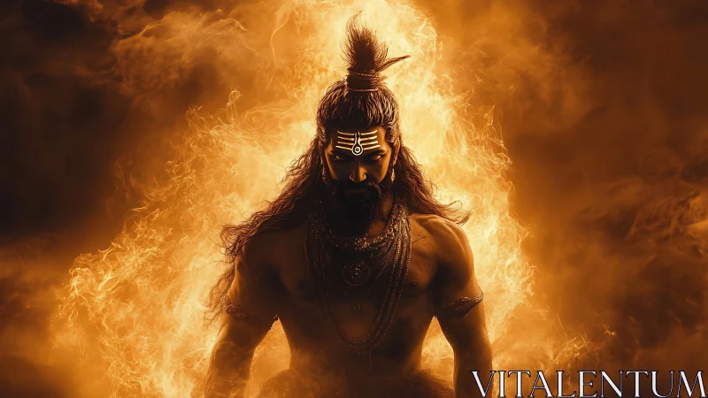 Fiery divine warrior emerging from glowing sacred flames.