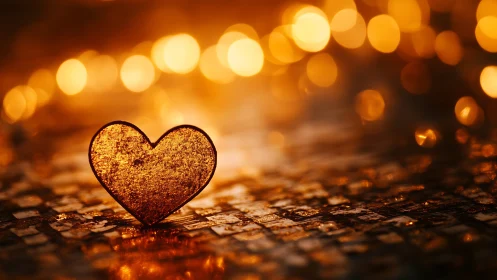 Luminous Heart Glowing Gold Amidst Bokeh Lights.