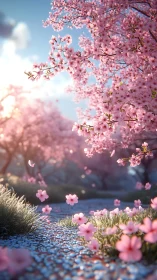 Sakura blossoms frame pebble path in soft sunrise glow.