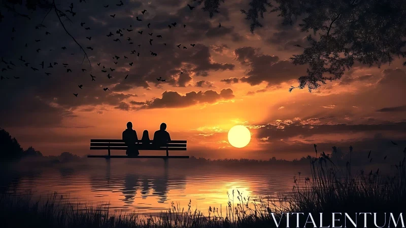 Silhouetted trio on lakeside bench at high-dynamic-range sunset.