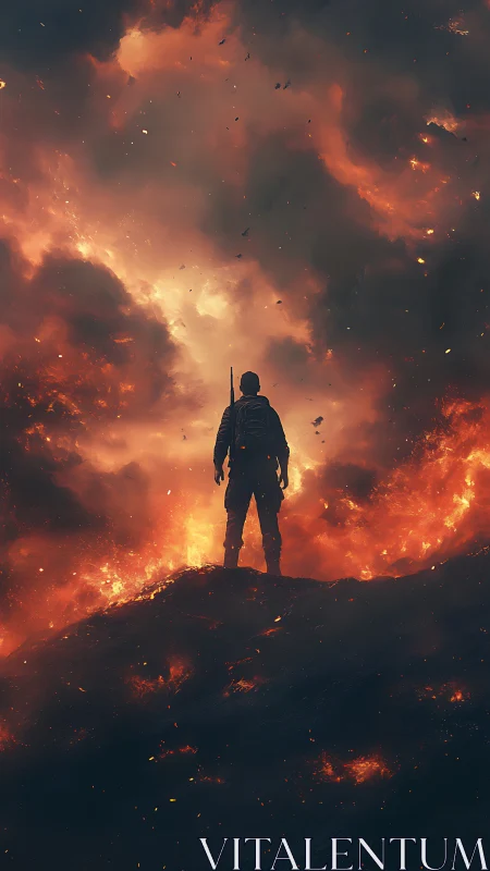 Solitary combatant silhouetted against eruptive firestorm sky.