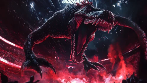 Colossal red-lit stadium monster lunges through smoke and steel.