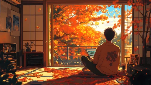 Person with laptop observing autumn foliage through balcony doors.