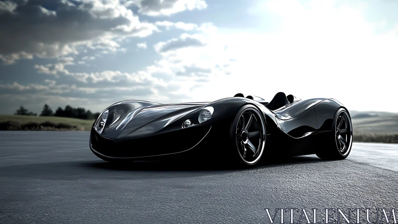 Midnight roadster glides like liquid obsidian under clouds.