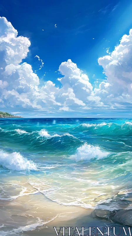 Sky-drenched shoreline where turquoise waves sing softly.