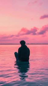 Solitary figure reflects over tranquil pink sunset sea.