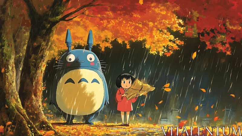 Rainy forest guardians share golden leaves and quiet wonder.