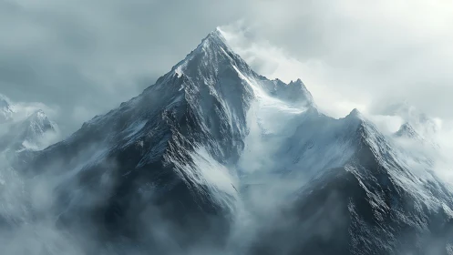 Silent snowy summit rising through drifting silver mist.