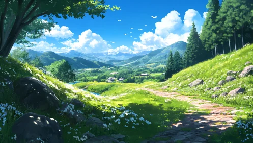 Sunlit mountain valley path curves through bright spring meadow