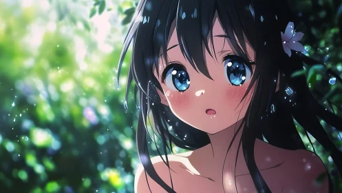 Dark haired anime girl outdoors with water droplets present.