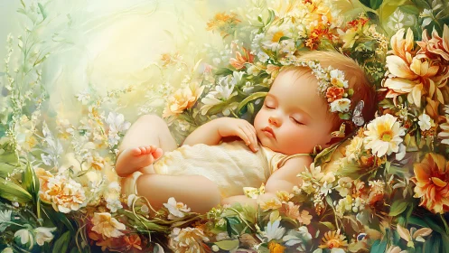 Infant in floral cradle rendered with luminous pastel hues.