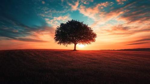 Solitary tree silhouette anchors a saturated sunset horizon