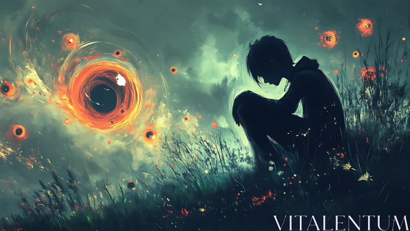 Silhouetted figure in field facing swirling fiery vortex.