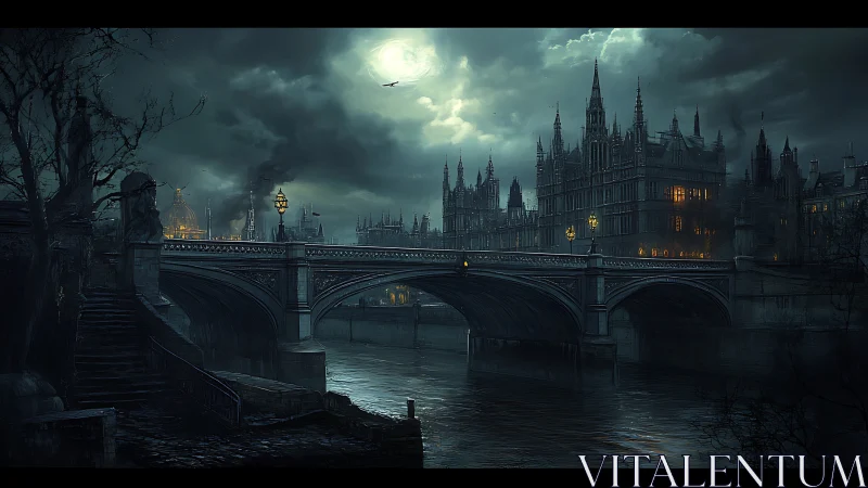 Moonlit neo-gothic bridge over misty industrial river city.