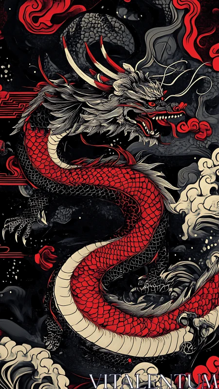 Red oriental dragon coils through dark storm clouds.
