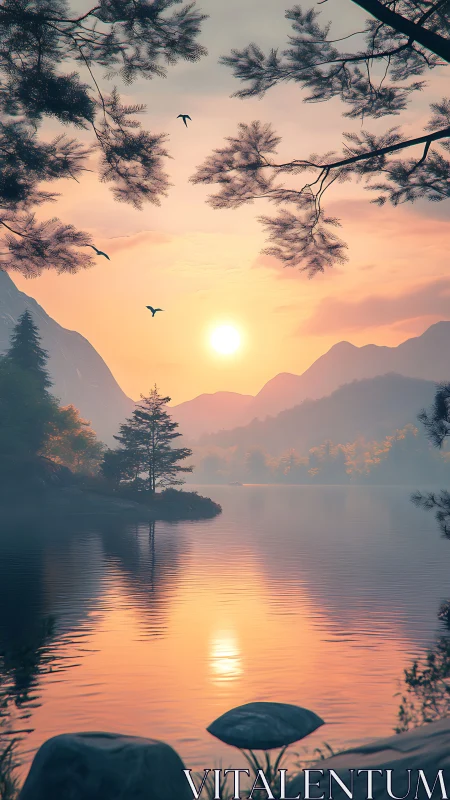 Serene mountain lake sunrise with mist and soft reflections.