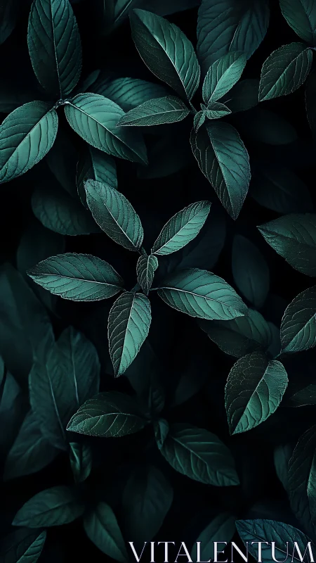 Moody close-up of dark green foliage leaves pattern.