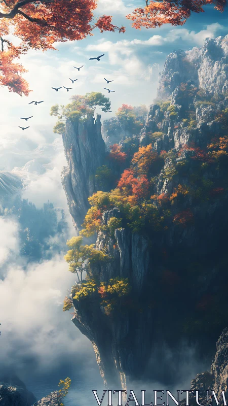 Vertiginous mist-cloaked cliffs with autumn canopy and birds
