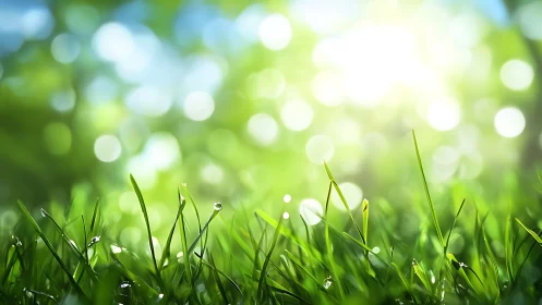 Sunlit morning grass sparkling with soft, dreamy bokeh light.