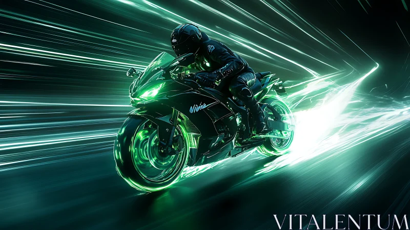 Futuristic sport motorcycle racing through neon green tunnel.