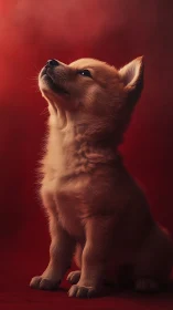 Golden puppy in profile against uniform red backdrop.