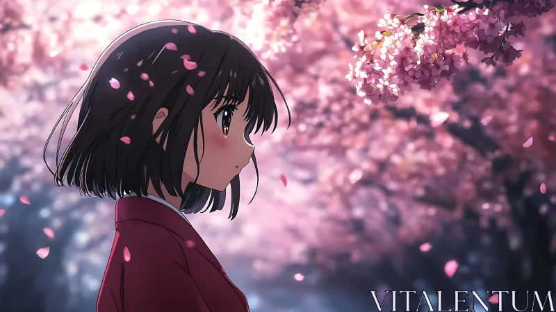 Anime girl under blooming cherry trees in soft bokeh light