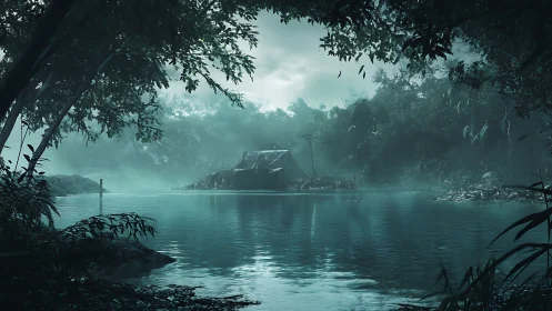 Misty lakeside cabin nestled in emerald forest.