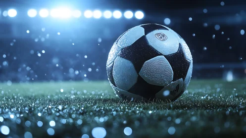 Bright stadium lights welcome a dewy soccer ball to the pitch