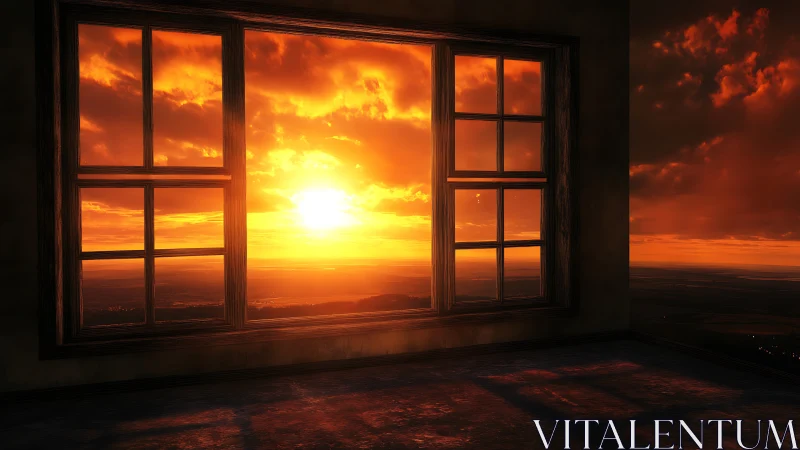 Sunset-lit empty room with dual grid windows facing horizon