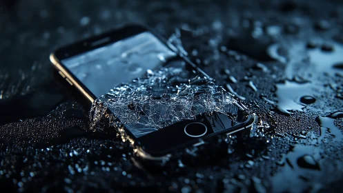 Shattered smartphone on wet surface under moody blue light.