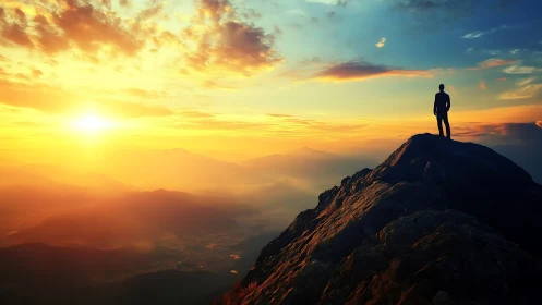 Solitary dreamer bathing in molten sunrise above peaks.