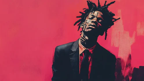 Portrait of man in suit against vivid textured pink field.